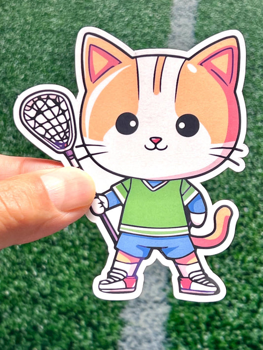 Lacrosse Cat Green Sticker | Cute Cat Playing Lacrosse