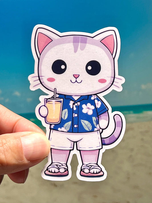 Vacation Cat Sticker | Hawaiian Shirt Cat Vinyl Sticker | Tropical Vacation | Summer Beach Travel | Retirement Gift