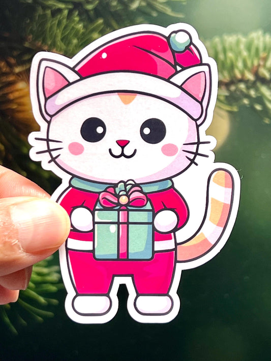 Elf Cat Red Sticker | Christmas Sticker- Cat Dressed Like Elf Vinyl Sticker