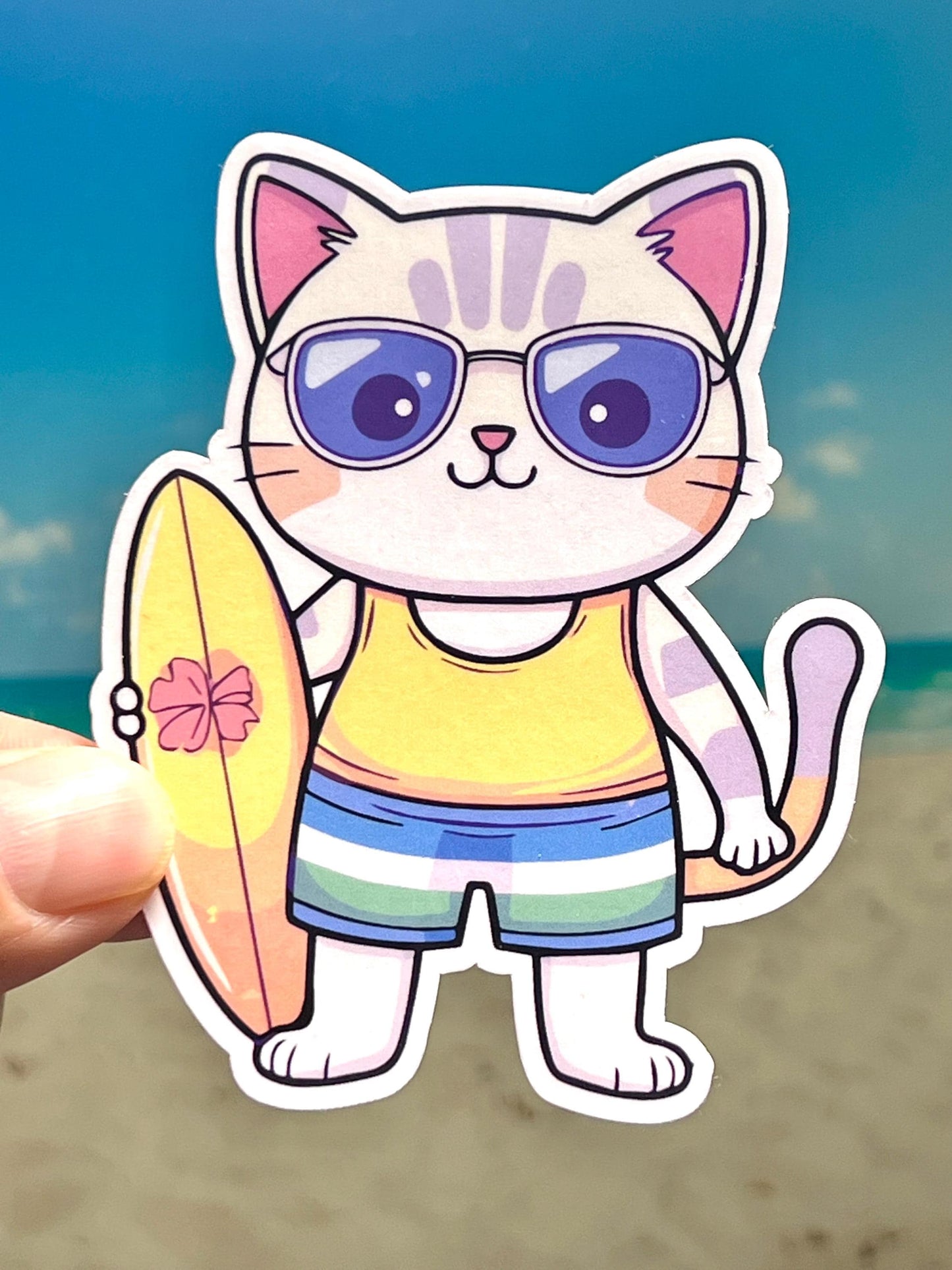 Surfboard Cat Sticker | Surfboarding Kitty Sticker | Summer Beach Fun | Vacation Sticker