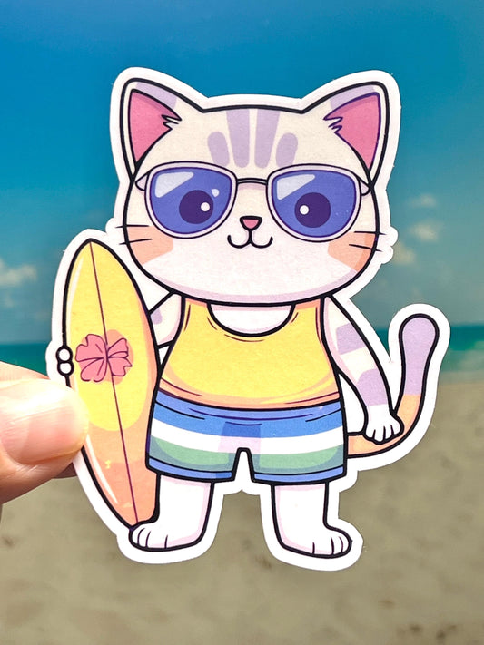 Surfboard Cat Sticker | Surfboarding Kitty Sticker | Summer Beach Fun | Vacation Sticker