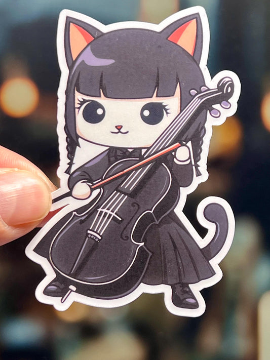 Wednesday Cello Cat Sticker | Goth Cello Kitty | Musician Gift | Orchestra Gift Cello Lessons/Cello Teacher