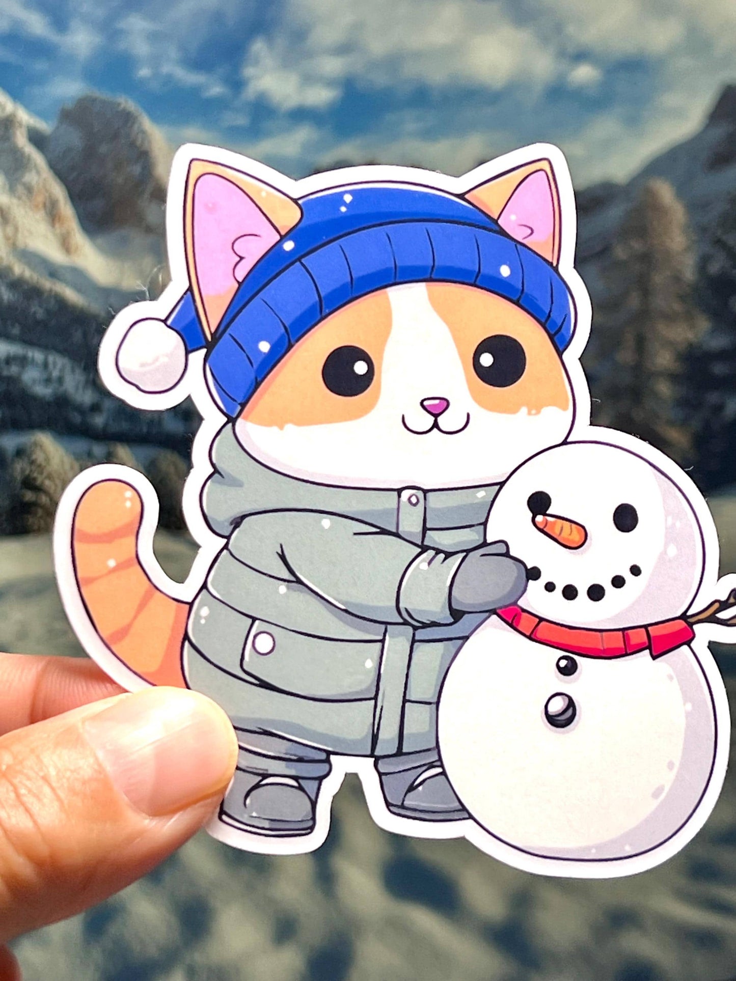 Cat Building Snowman Vinyl Sticker