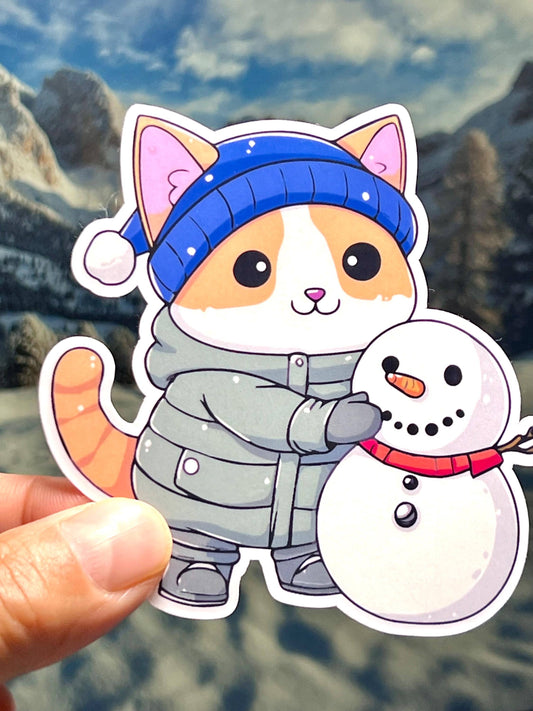 Cat Building Snowman Vinyl Sticker
