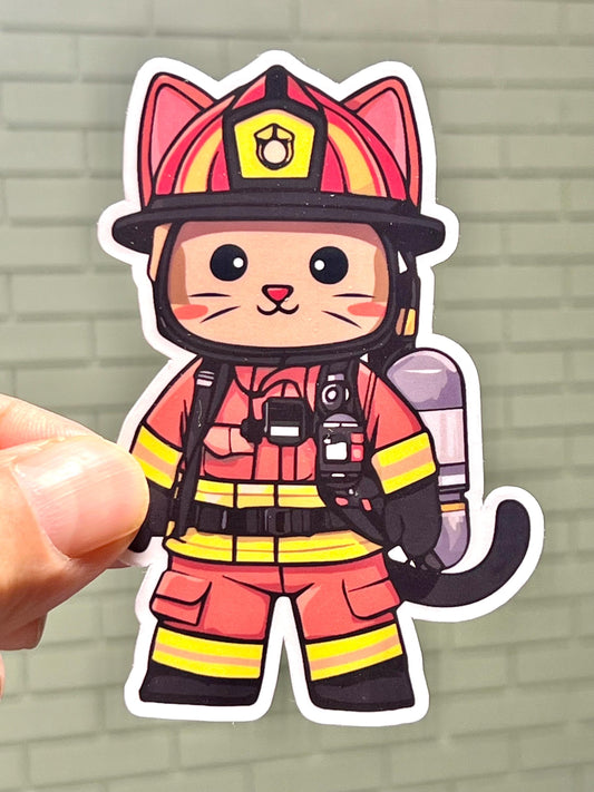 Firefighter Cat Sticker | Fireman Cat Vinyl Sticker