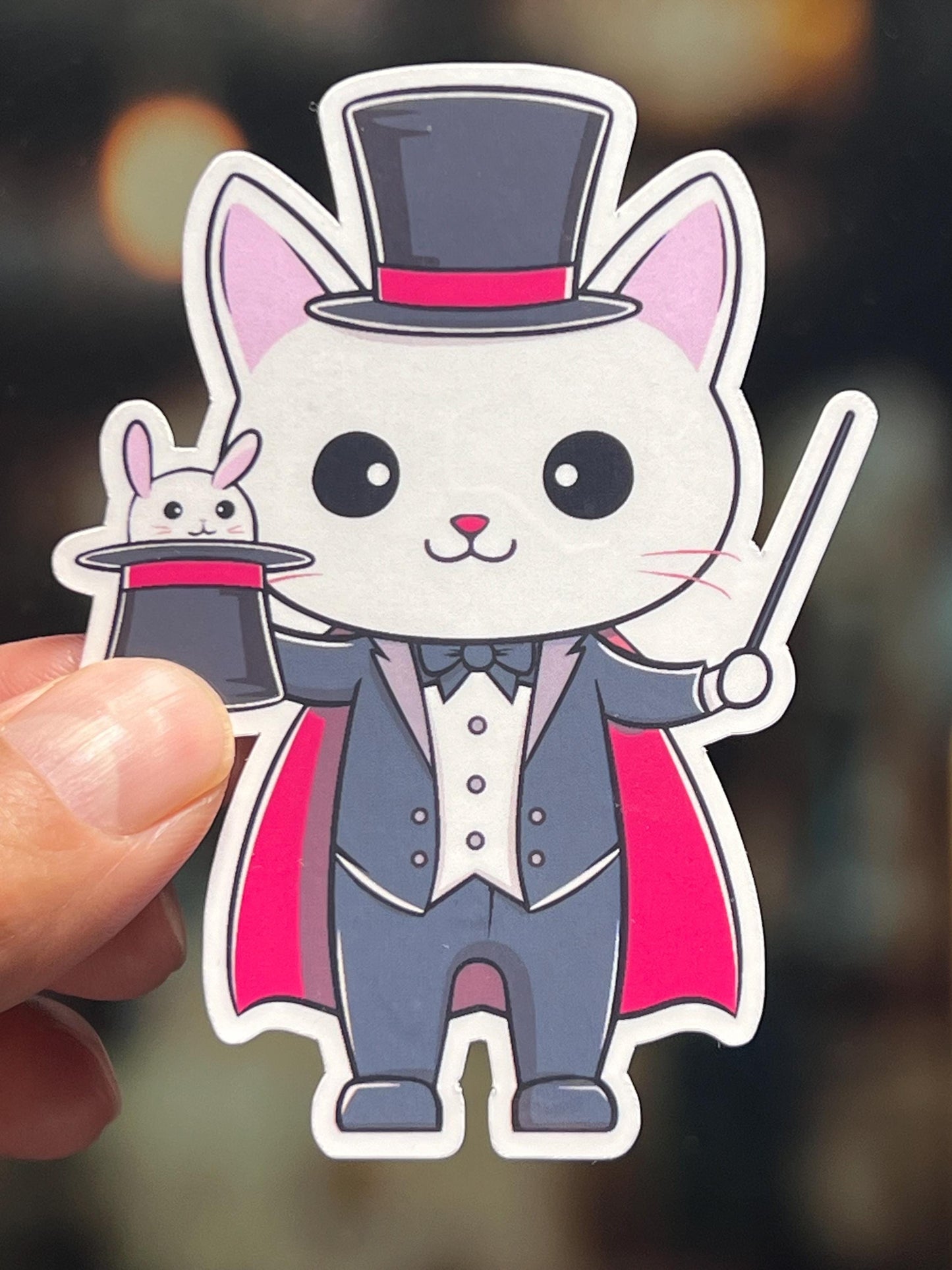 Magician Cat Sticker | Magic Kitty Pulling Rabbit Out of Hat Vinyl Sticker