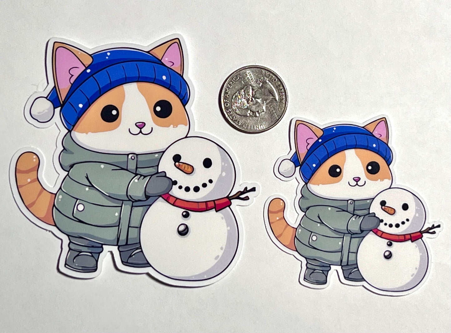 Cat Building Snowman Vinyl Sticker image 2