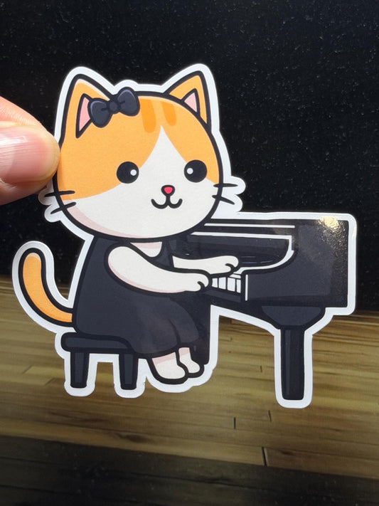 Girl Piano Cat Vinyl Sticker