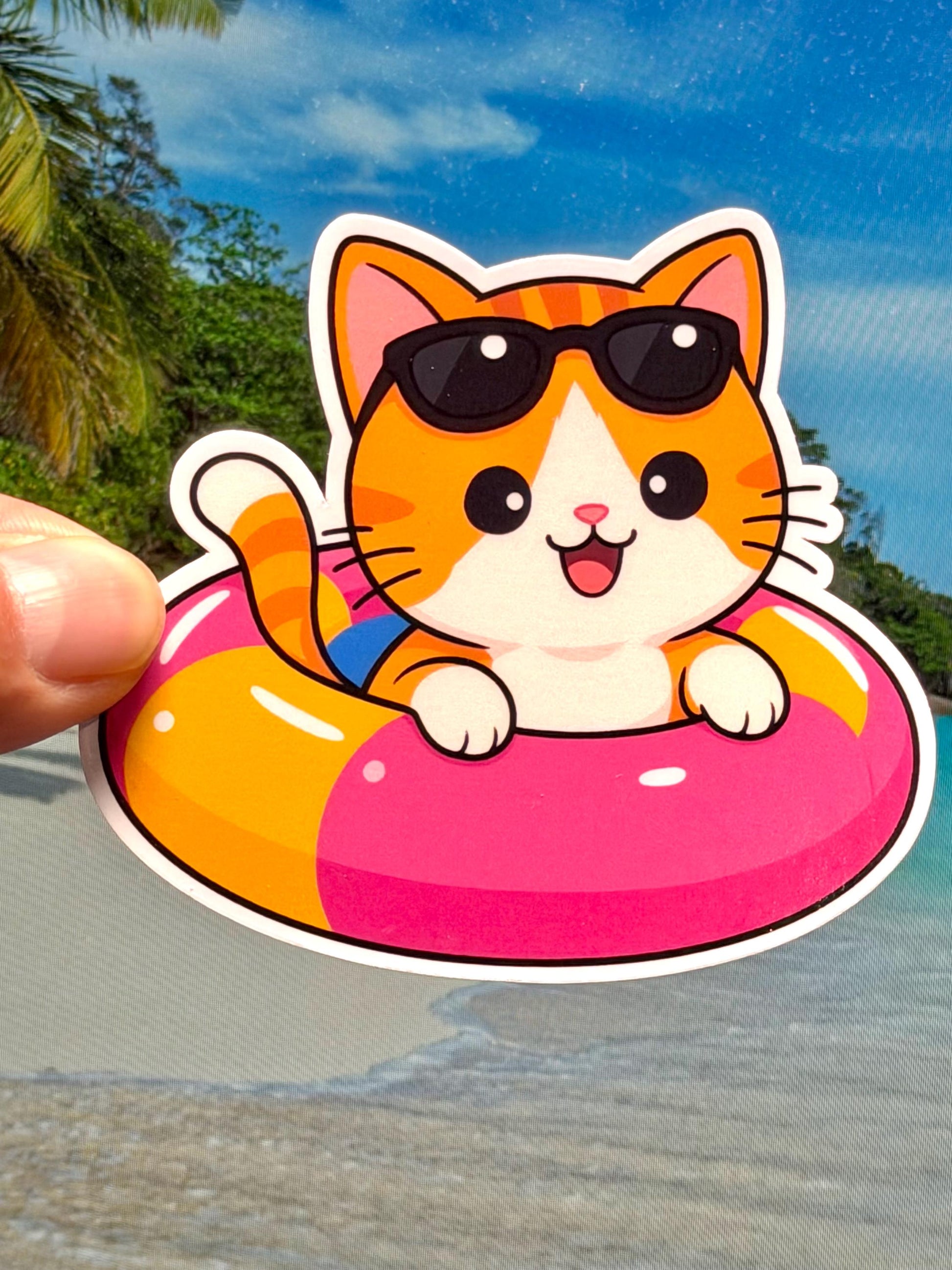 Tabby Cat in Pool Float with Sunglasses Vinyl Sticker
