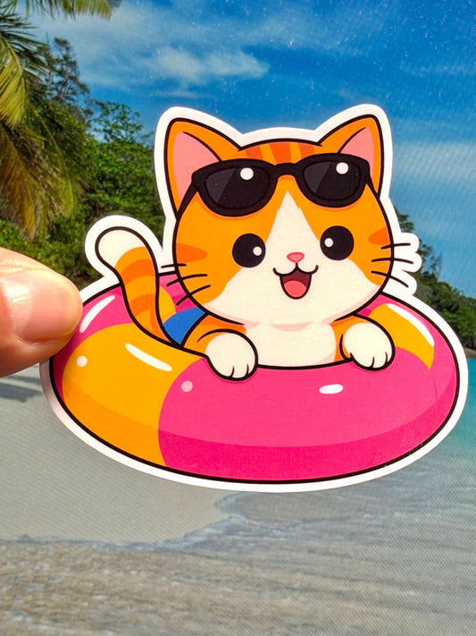 Tabby Cat in Pool Float with Sunglasses Vinyl Sticker