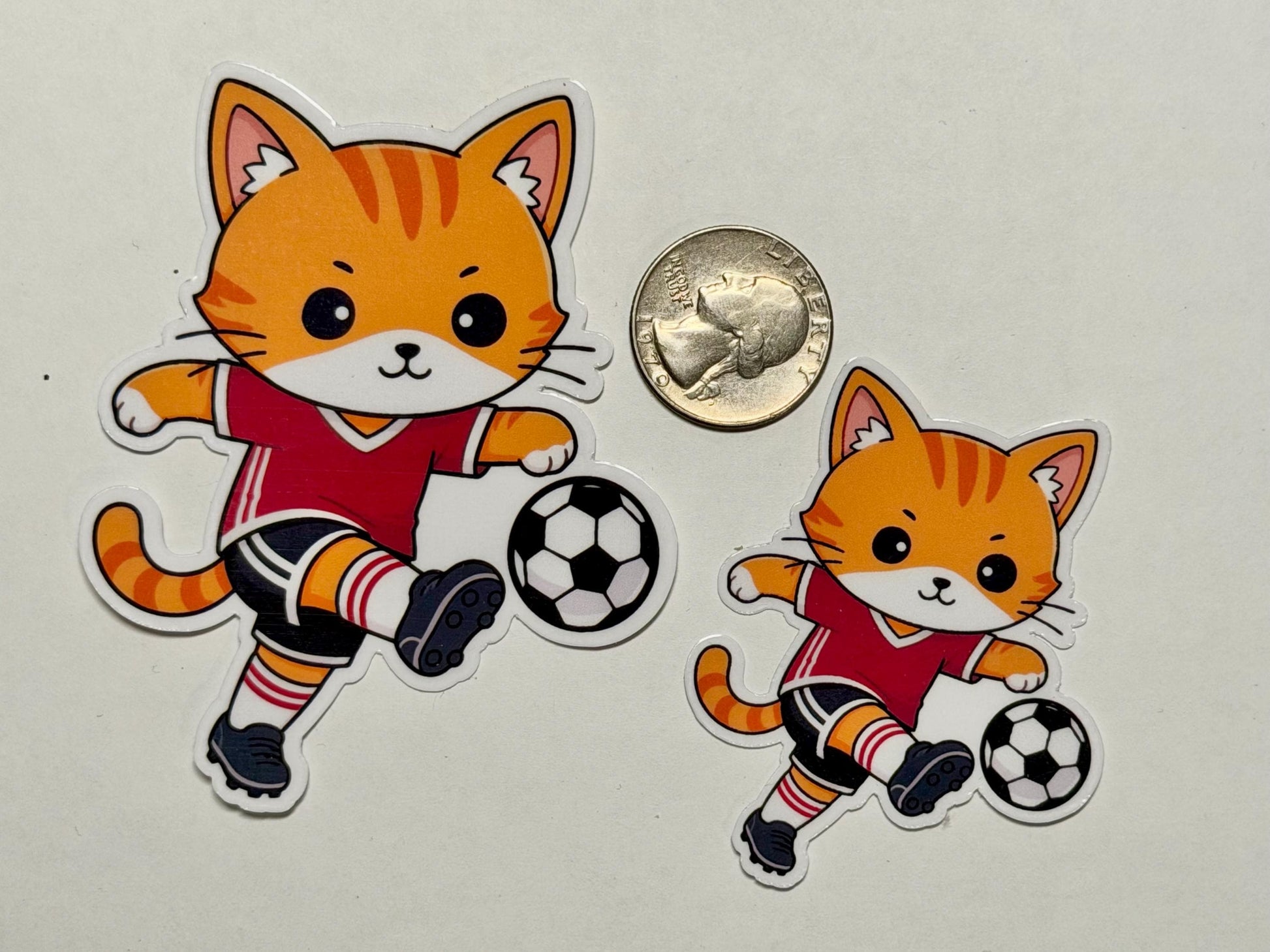 Red Soccer Cat Kicking Vinyl Sticker image 2