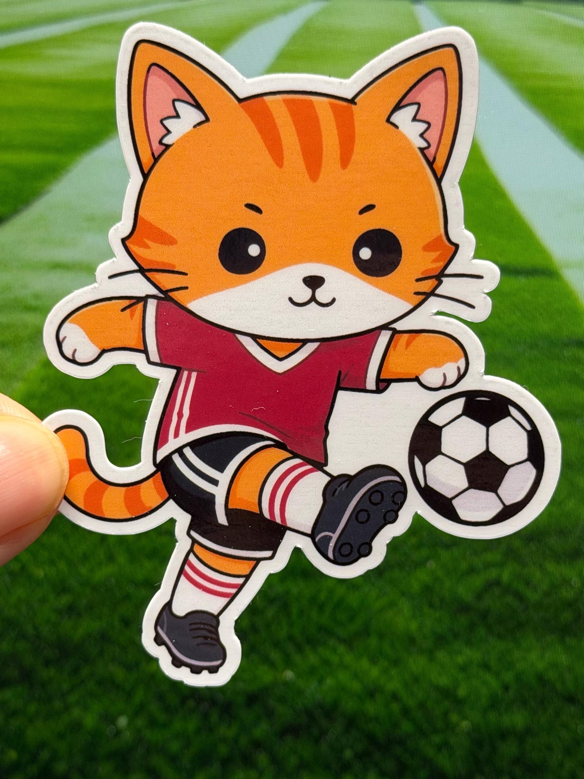 Red Soccer Cat Kicking Vinyl Sticker