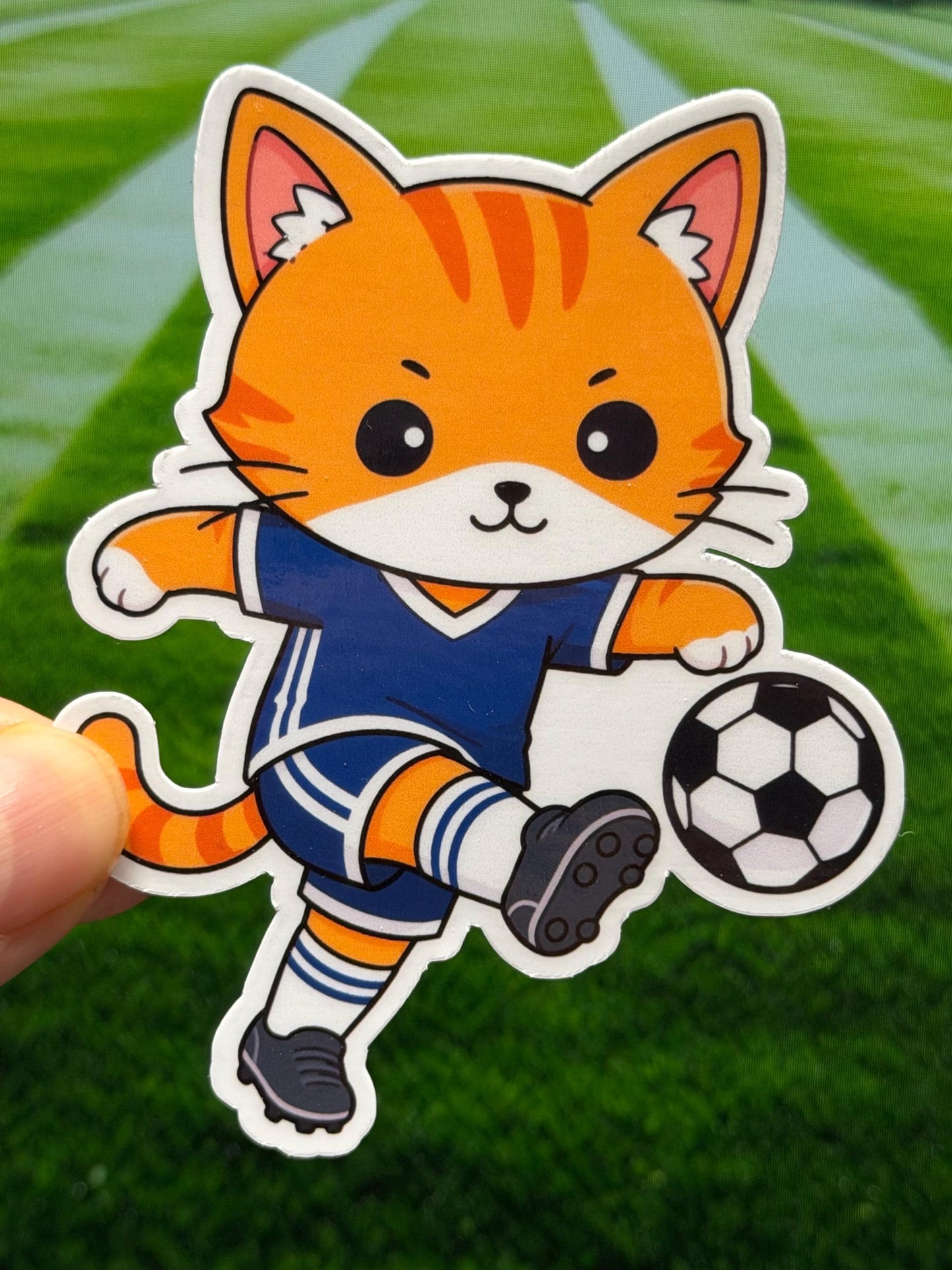 Blue Soccer Cat Kicking Vinyl Sticker