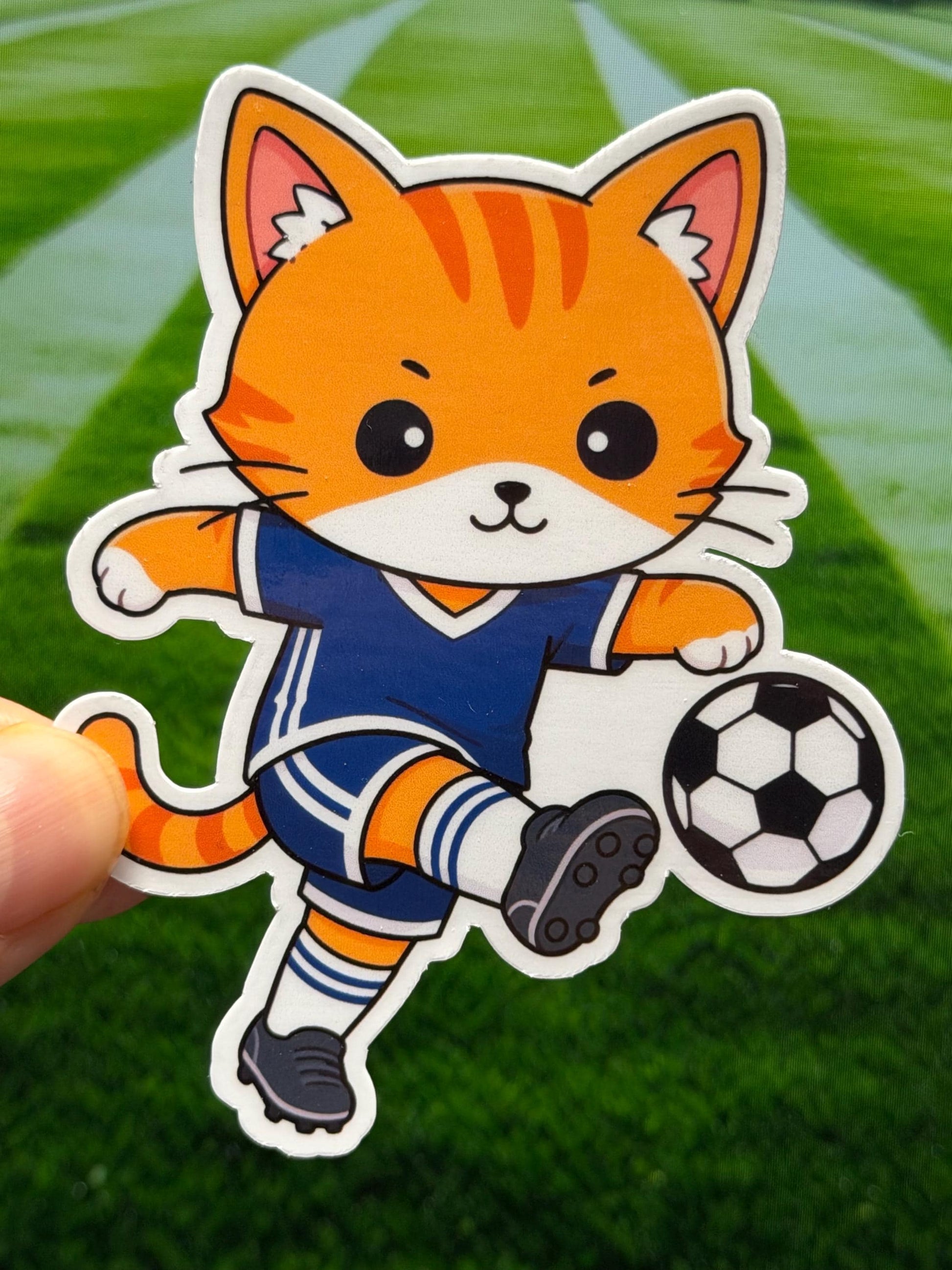 Blue Soccer Cat Kicking Vinyl Sticker