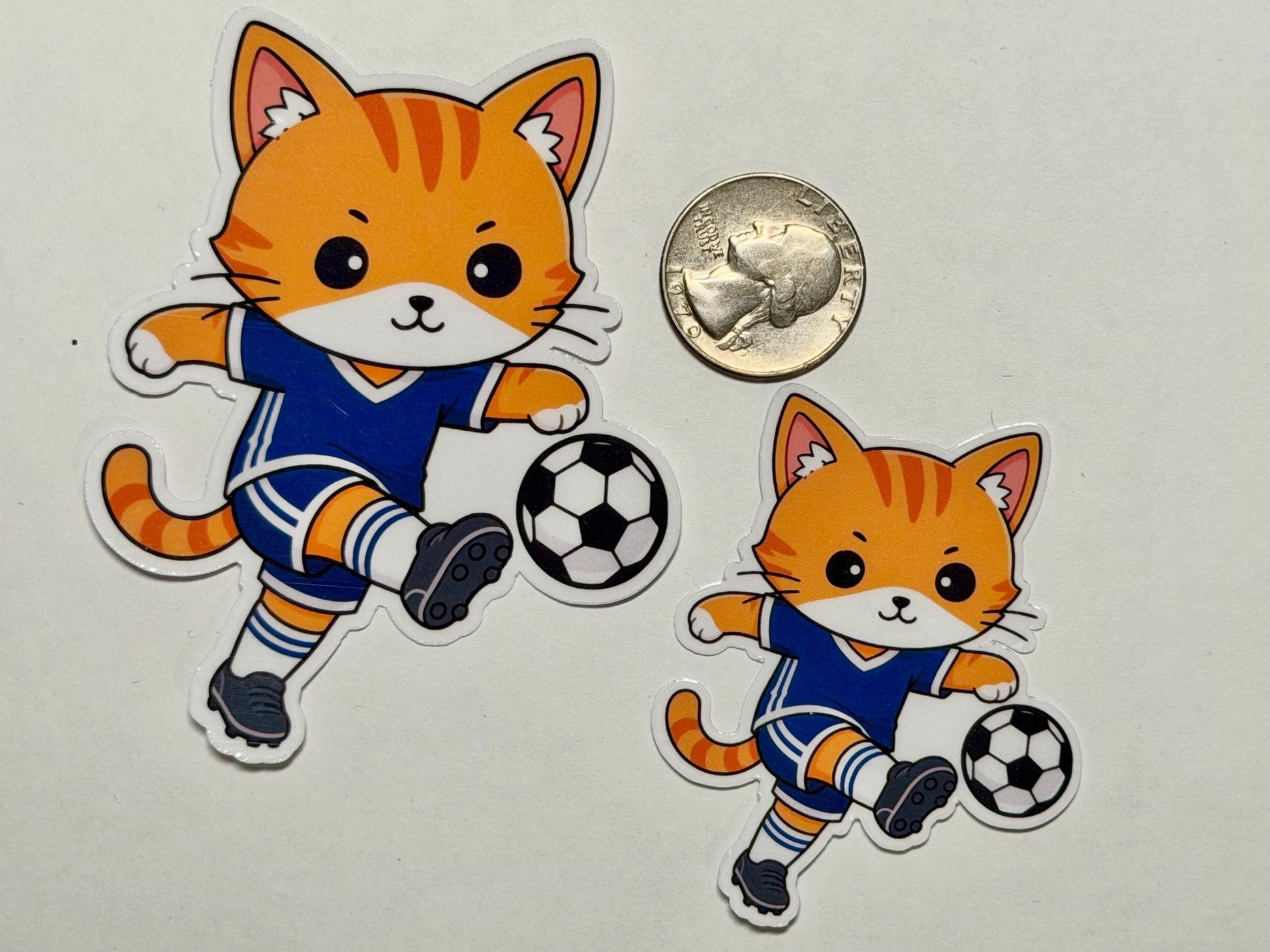 Blue Soccer Cat Kicking Vinyl Sticker image 2