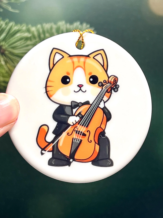 Cello Cat Ceramic Christmas Ornament | Cat Playing Cello Ornament