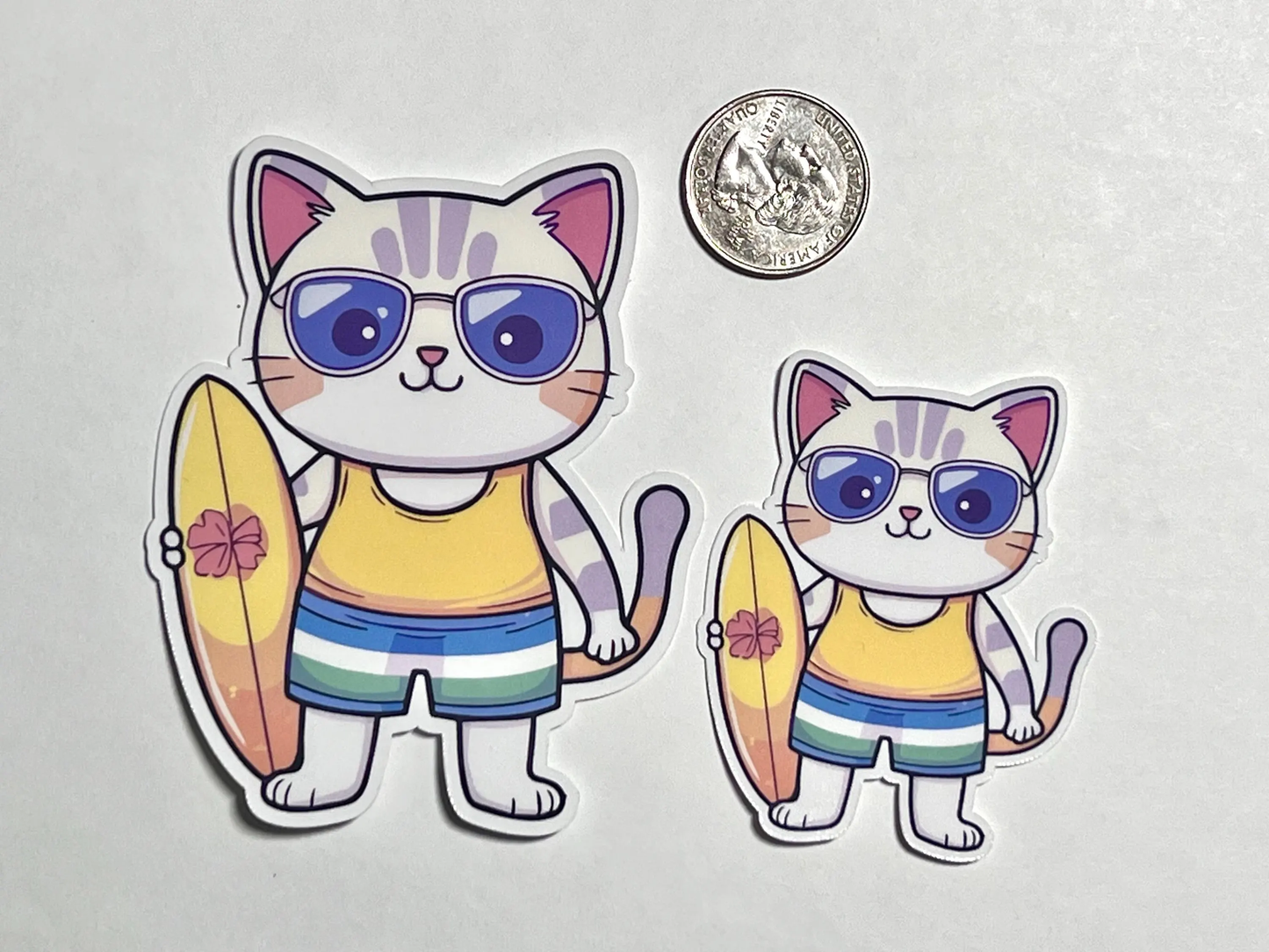 Surfboard Cat Sticker | Surfboarding Kitty Sticker | Summer Beach Fun | Vacation Sticker