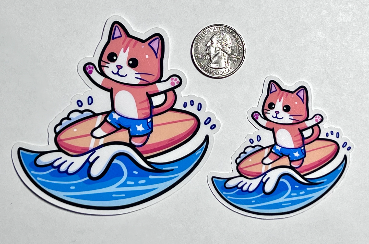 Surfer Cat Sticker | Surfboarding Kitty Sticker | Summer Beach Fun | Vacation Sticker | Ocean and Sea