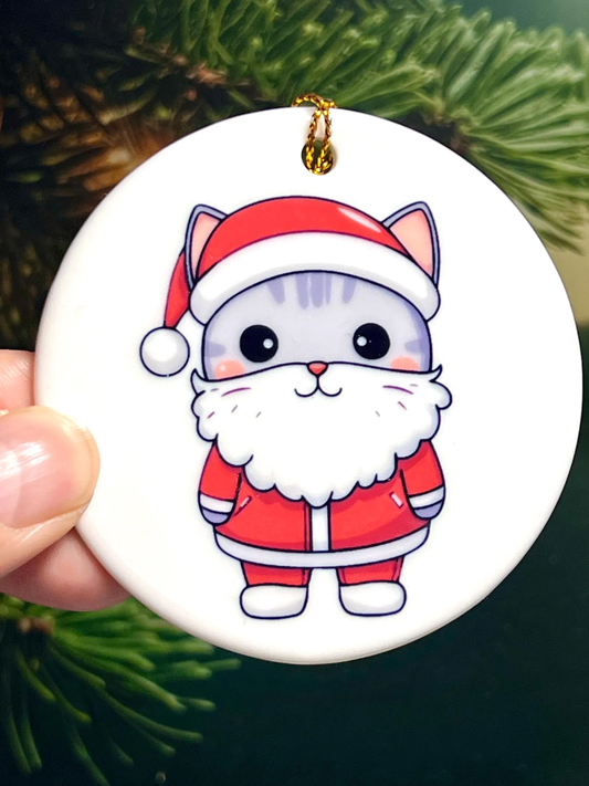 Santa Cat Ceramic Christmas Ornament | Cat Dressed like Santa Ornament