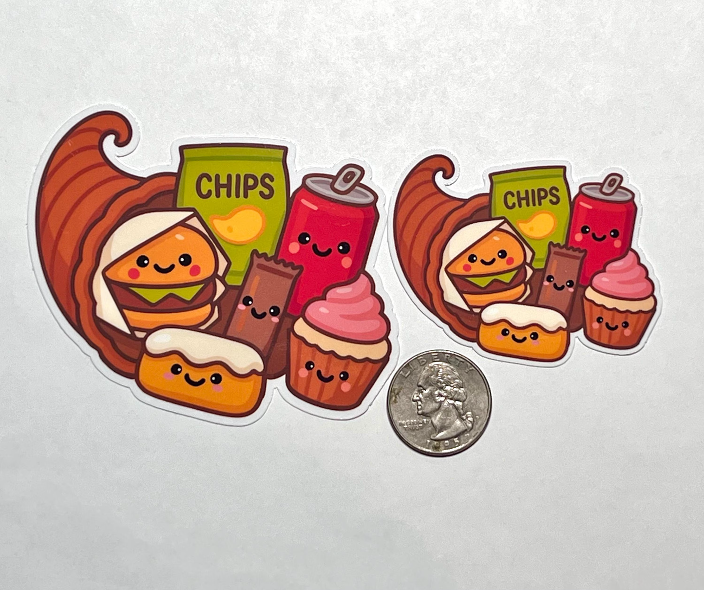 Junk Food Cornucopia Vinyl Sticker- Kawaii Design Horn of Plenty Thanksgiving Celebration