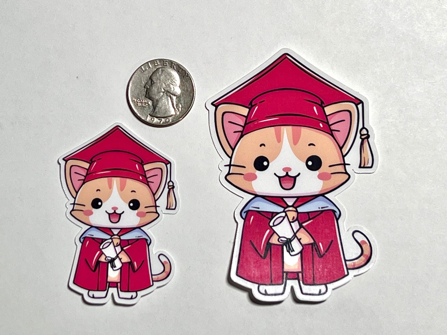 Graduation Kitty Sticker Red | Cat Wearing Cap and Gown Vinyl Sticker