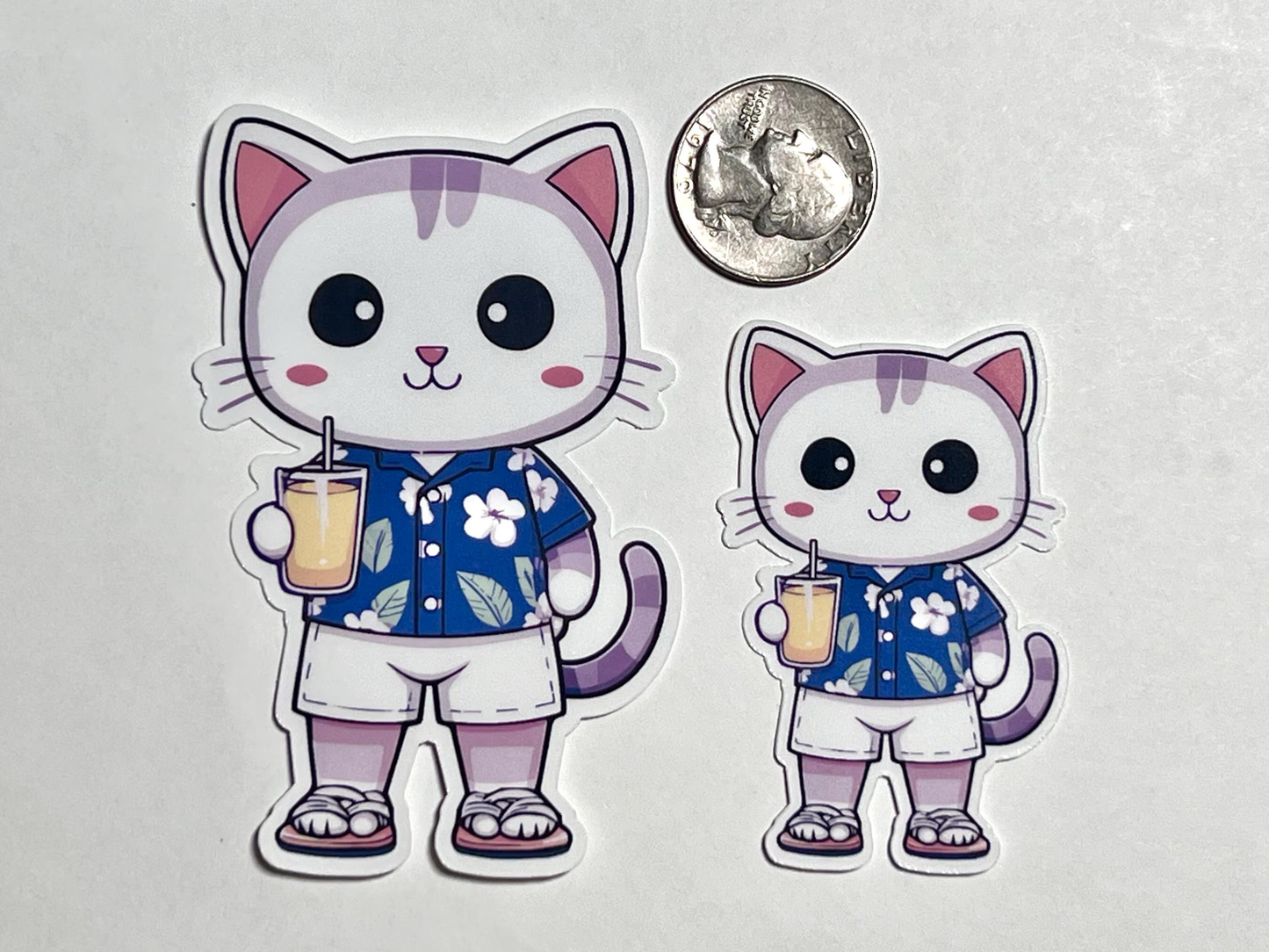 Vacation Cat Sticker | Hawaiian Shirt Cat Vinyl Sticker | Tropical Vacation | Summer Beach Travel | Retirement Gift