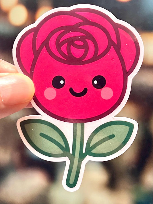 Kawaii Smiling Red Rose Sticker: Waterproof Flower Sticker