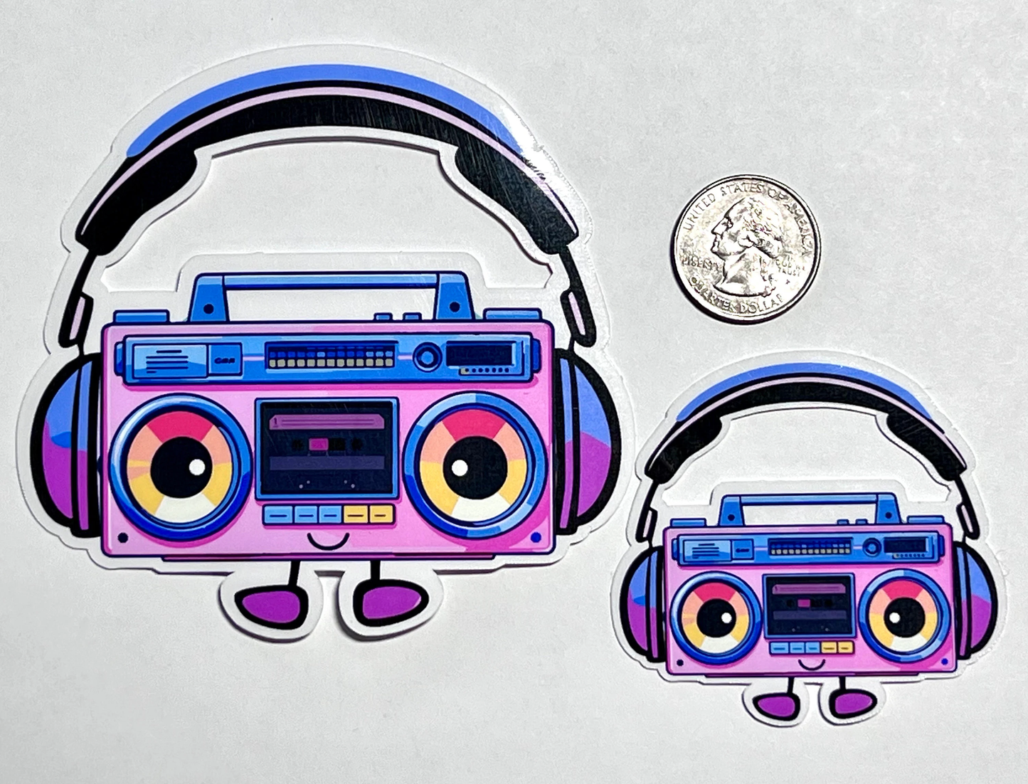 Retro Boombox Sticker | Cute Boom Box wearing Headphones Sticker | 80's Tech | Music Lover Gift | Tape Player