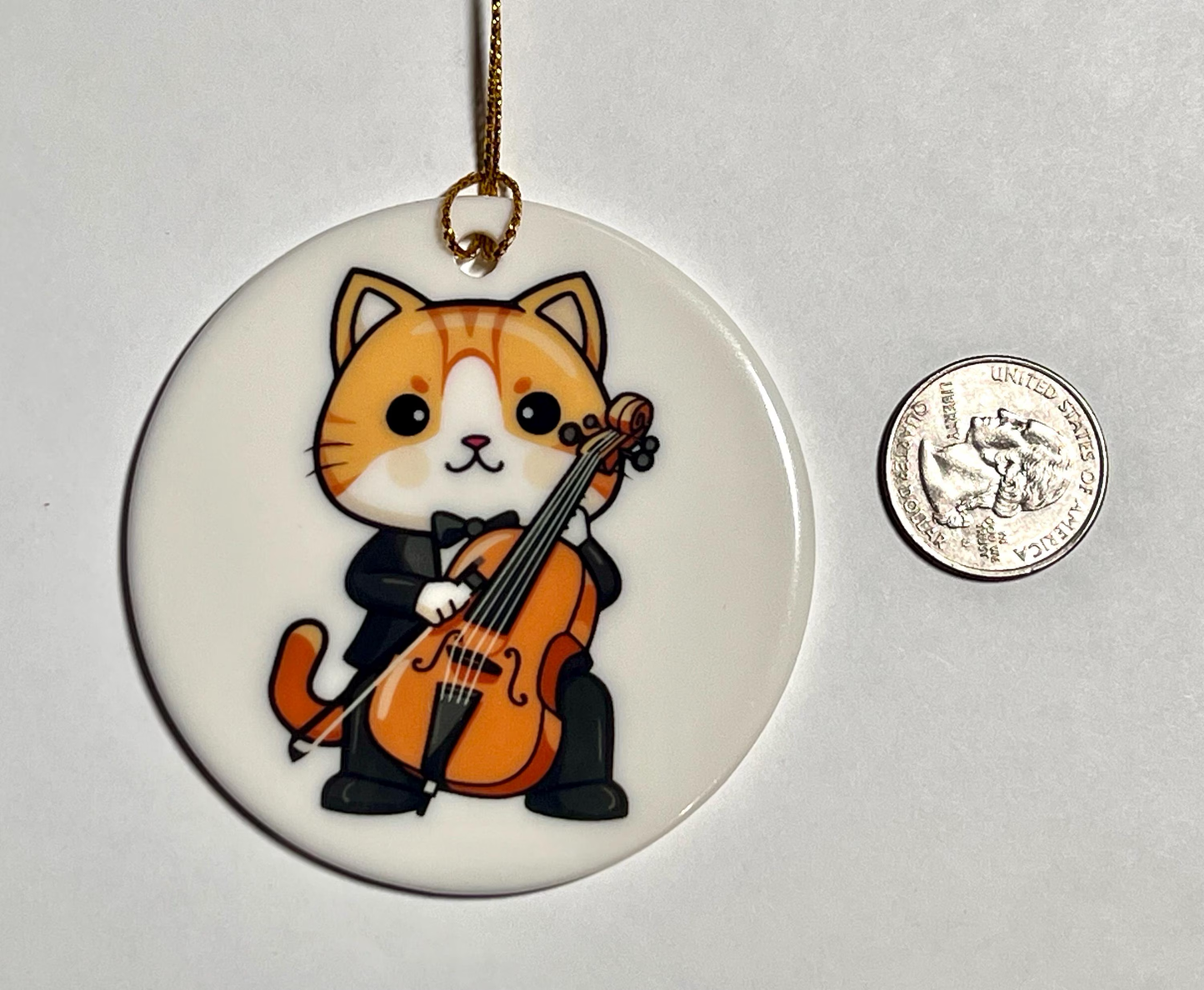 Cello Cat Ceramic Christmas Ornament | Cat Playing Cello Ornament