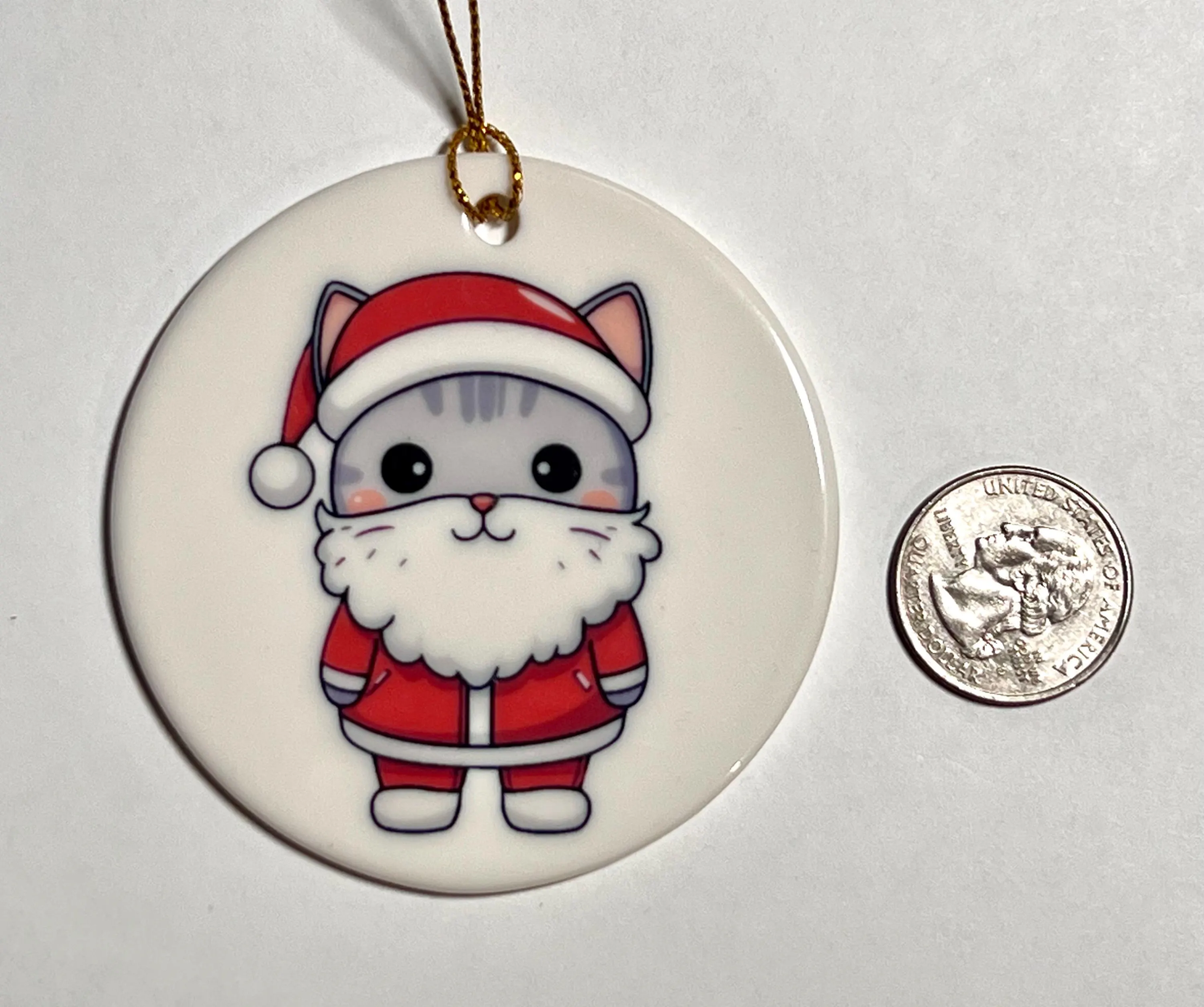 Santa Cat Ceramic Christmas Ornament | Cat Dressed like Santa Ornament