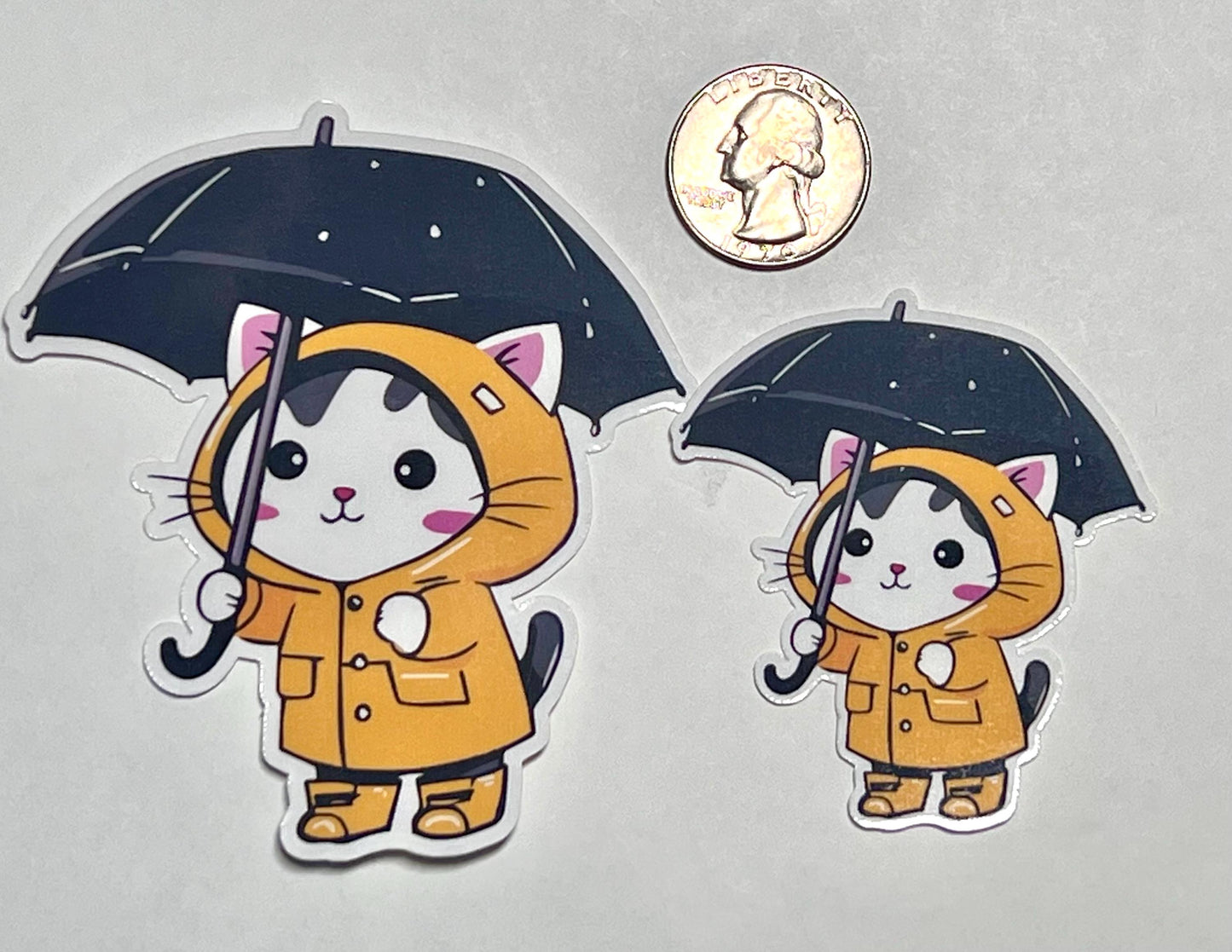 Cat Wearing Raincoat and Carrying an Umbrella Sticker | Cute Rainy Day Vinyl Sticker