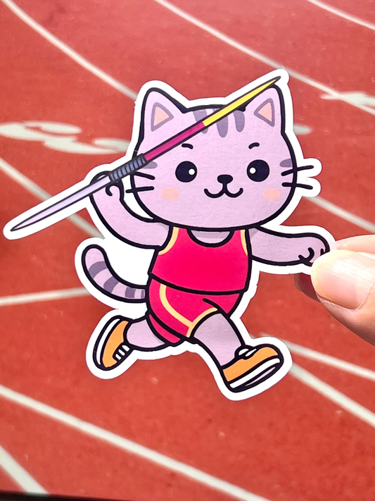 sticker of a cartoon track and field cat running with a javelin