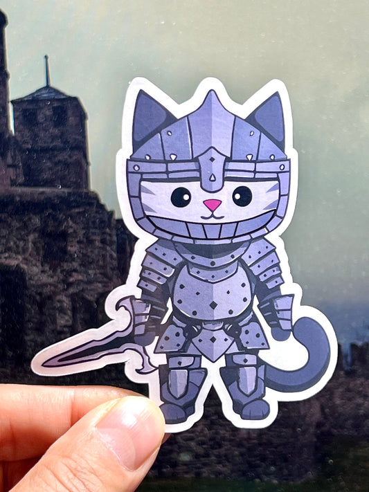 A vinyl sticker of a cat in knight's plate armor holding a sword