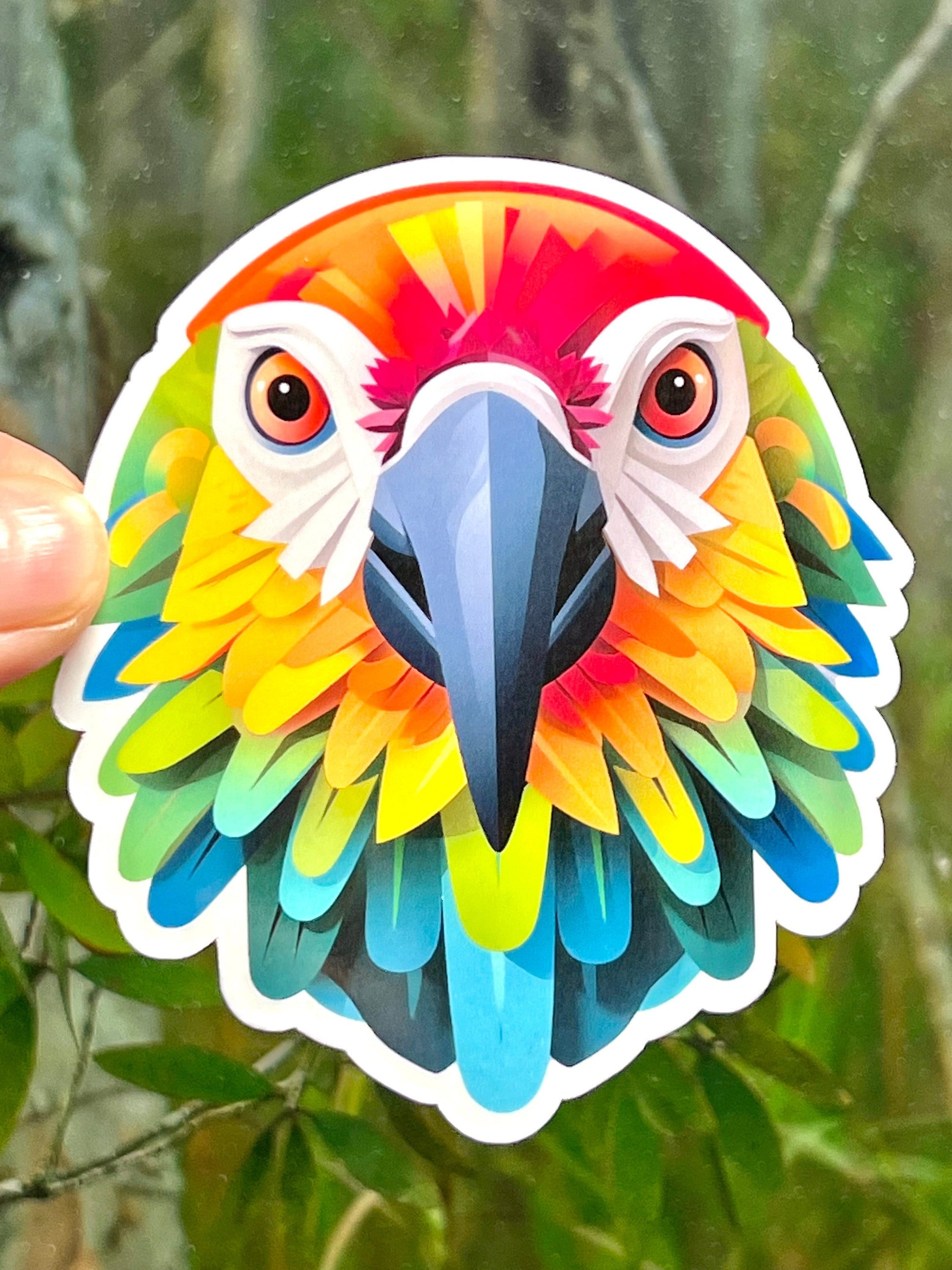 A colorful vinyl sticker of a parrot head, colorful  with a geometric design