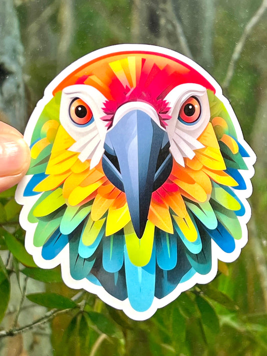 A colorful vinyl sticker of a parrot head, colorful  with a geometric design