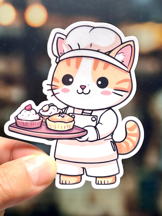 sticker of a cat dressed as a pastry chef holding a tray of desserts