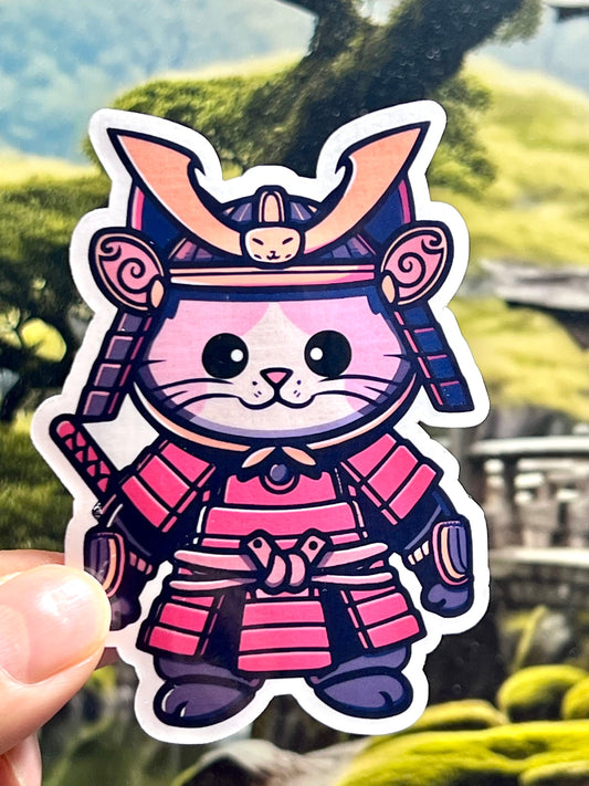 A colorful vinyl sticker of a Japanese samurai warrior cat wearing samurai armor with sword